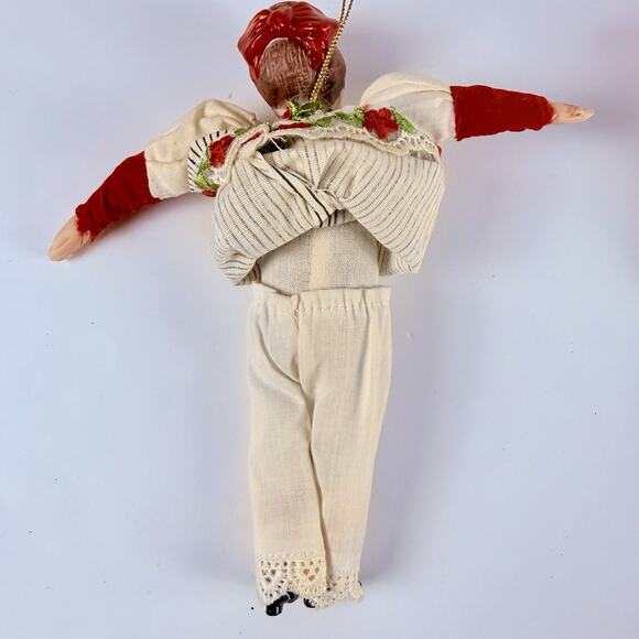 VTG European Folk Costume Doll 8” Ornament Embroidered Red Trim Striped Dress - Picture 4 of 5